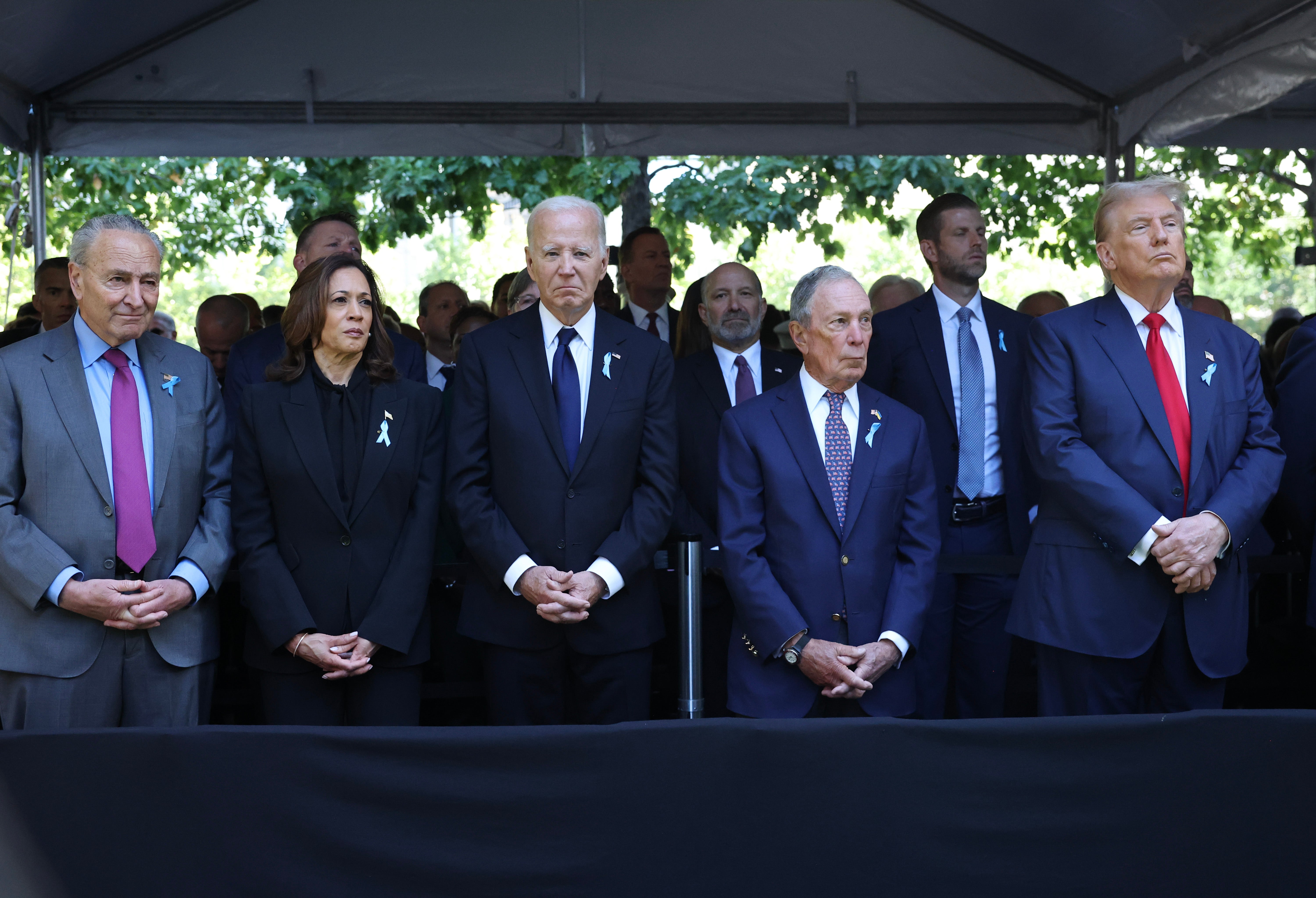 Senate Majority Leader Chuck Schumer (D-NY), U.S. Vice President Kamala Harris, U.S. President Joe Biden, former Mayor of New York Michael Bloomberg, and former U.S. President Donald Trump join family and friends at Ground Zero honoring the lives of those lost on the 23rd anniversary of the terror attacks of September 11, 2001