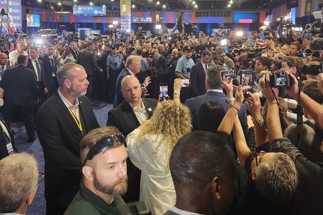 <p>Trump appears in the ABC spin room after the debate</p>