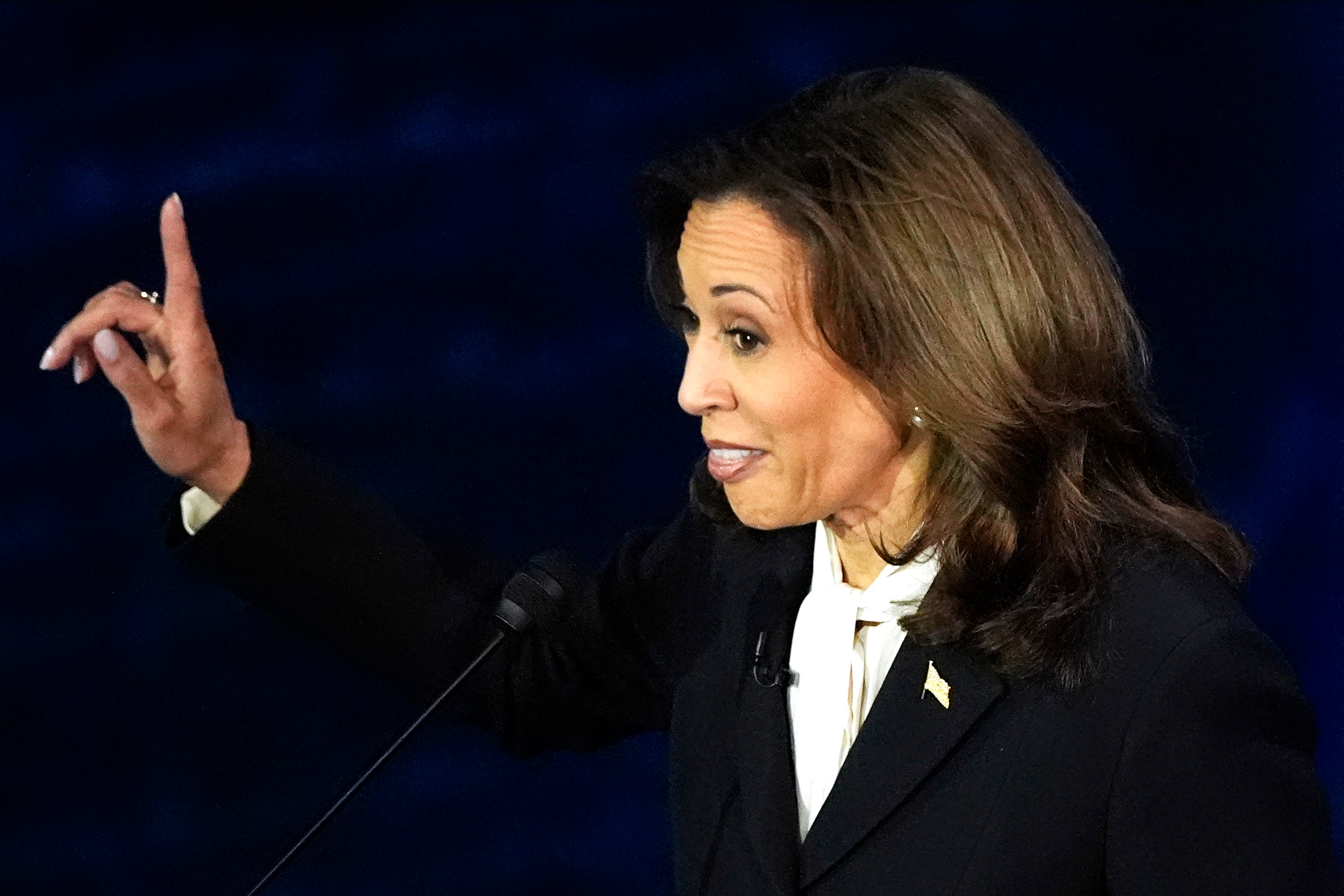 Democratic presidential nominee Vice President Kamala Harris speaks during her debate with Republican presidential nominee former president Donald Trump at the National Constitution Center in Philadelphia on Tuesday night