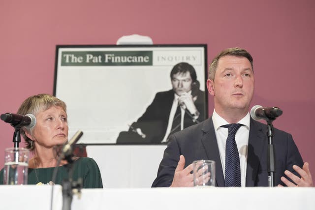 Geraldine Finucane, the widow of murdered Belfast solicitor Pat Finucane, with her son John Finucane, during a press conference at St Comgall’s – Ionad Eileen Howell centre in Belfast (Niall Carson/PA)