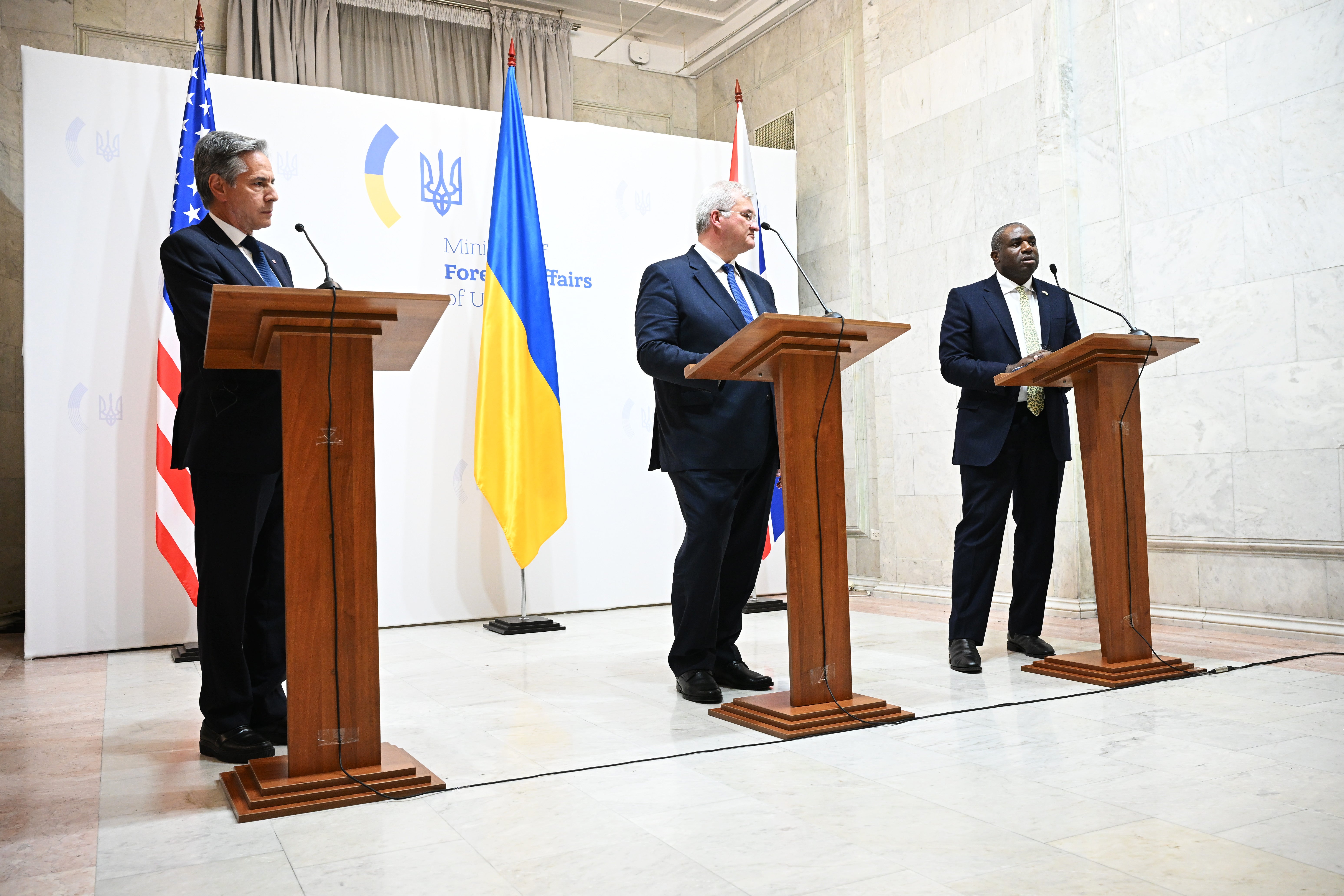 Earlier this month, Antony Blinken and David Lammy held a joint press conference in Kyiv with Sybiha (Leon Neal/PA)