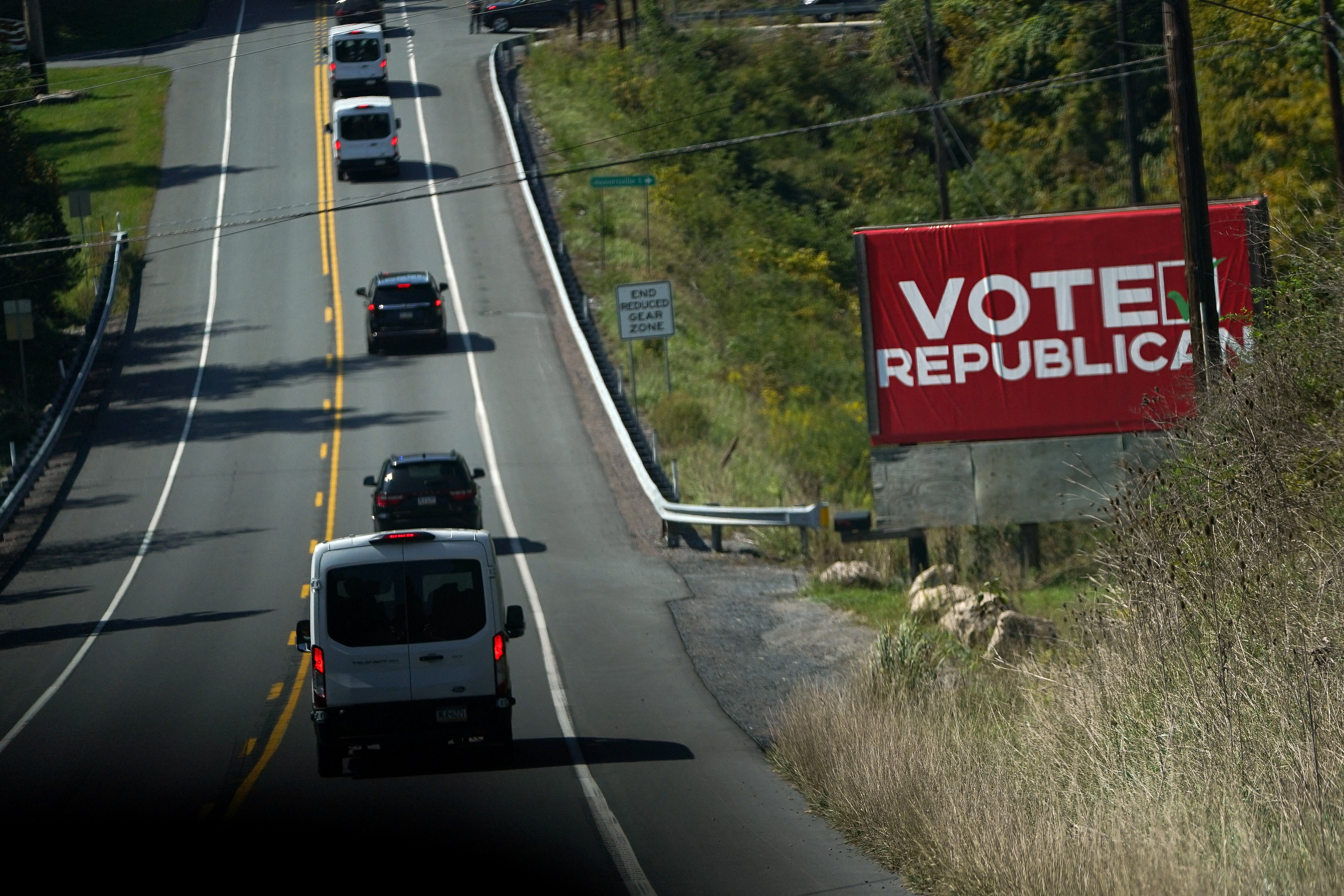 The presidential motorcade travels towards Shanksville after Biden and Harris visited the nearby Flight 93 National Memorial