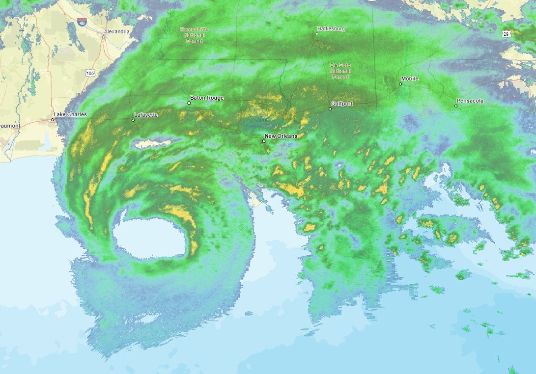 A map of shows Hurricane Francine over southern Louisiana on Wednesday afternoon. The National Hurricane Center said heavy rain and tropical-storm-force winds are spreading inland across the state. Hurricane Francine will make landfall later in the day or evening.