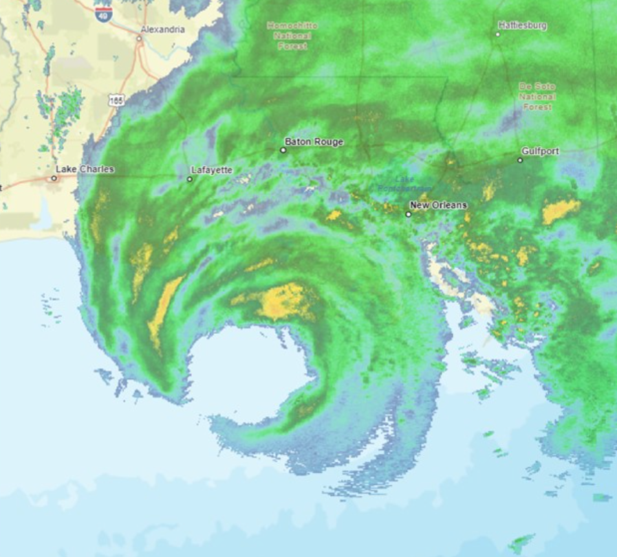 An aerial map shows Hurricane Francine positioned over the Louisiana coast. The storm will make landfall this afternoon or evening. Rain and flooding is already impacting the state’s southernmost communities.