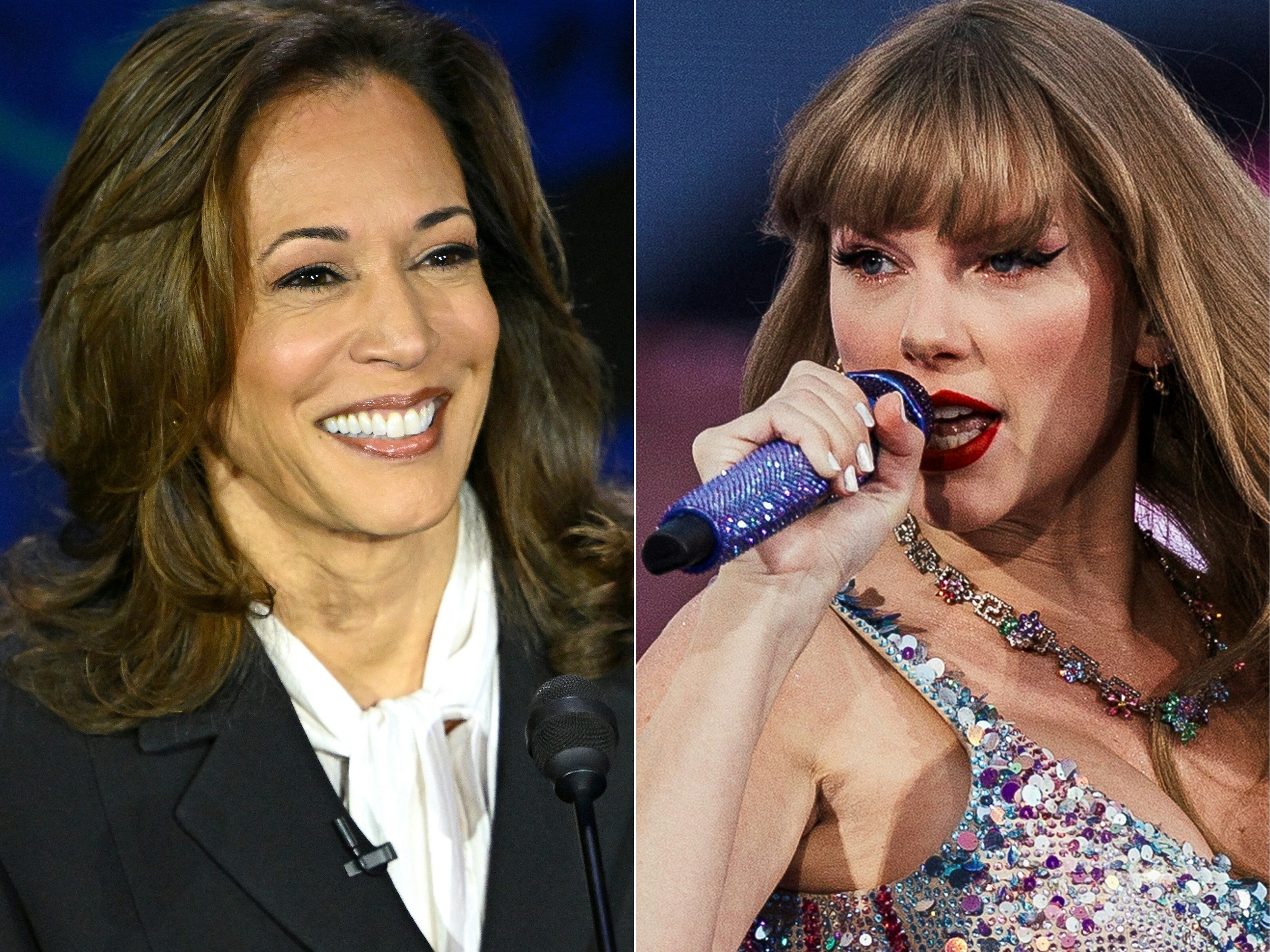 <p>Hundreds of thousands of people have flocked to a voter registration site after Taylor Swift, right, officially endorsed Kamala Harris </p>