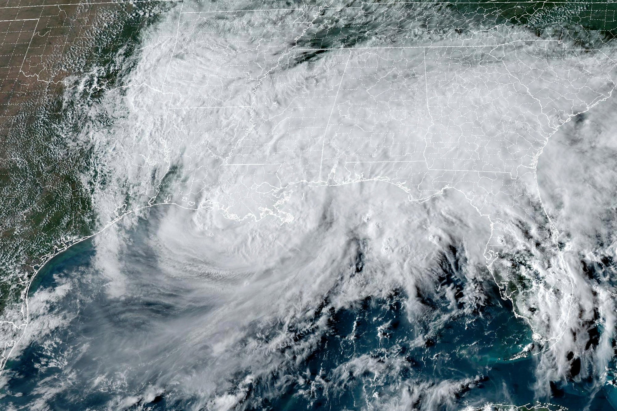 A NOAA satellite image shows Hurricane Francine on Wednesday. Within minutes of landfall, the storm knocked out power for thousands of customers. More hazards are expected into the evening.