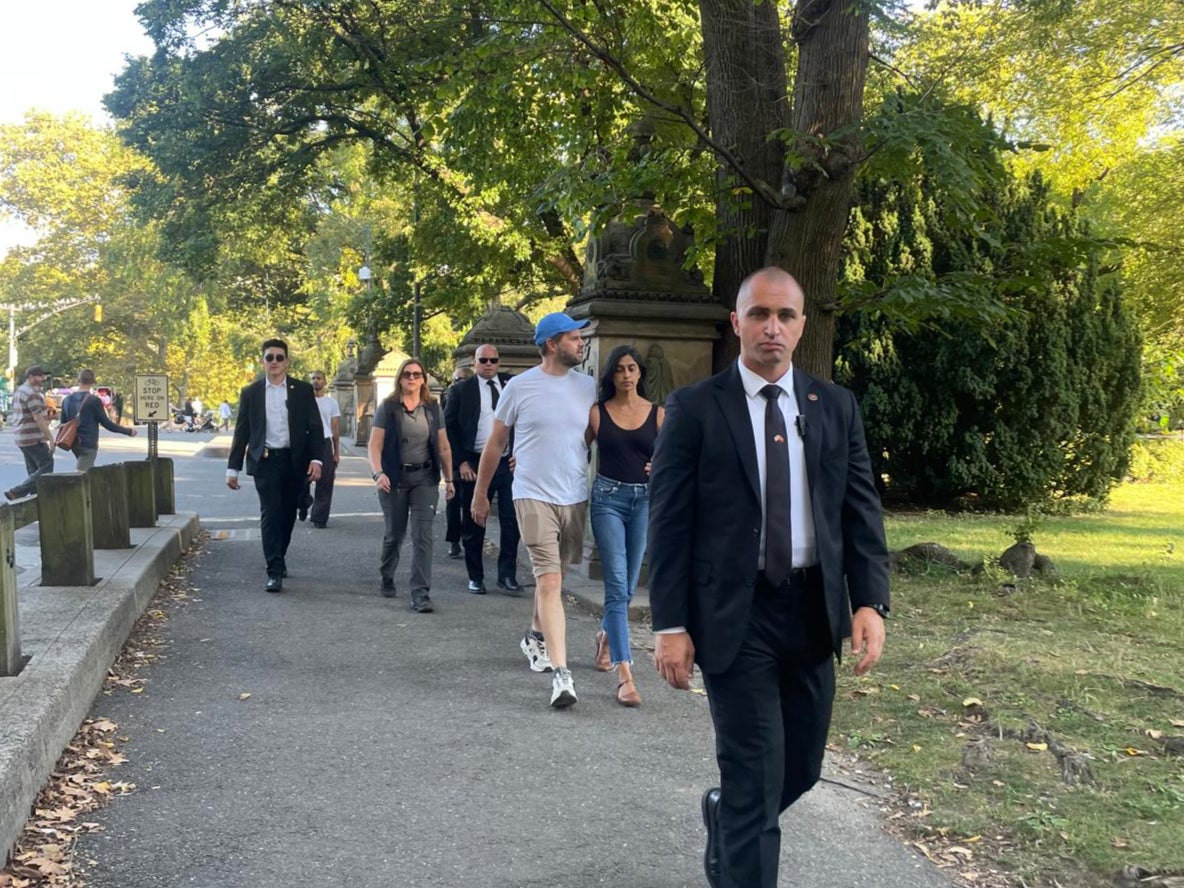 Ohio senator and Republican vice presidential nominee JD Vance and his wife Usha Vance pictured walking in Central Park while in New York City for the September 11 commemorations