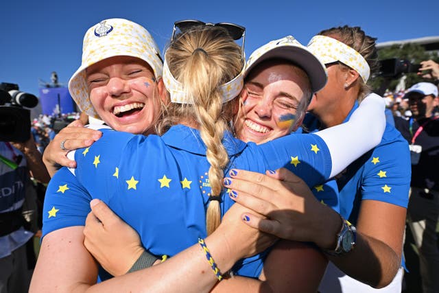 <p>Madelene Sagstrom, captain Suzann Pettersen and Maja Stark of Team Europe celebrate in Casares, Spain in 2023</p>