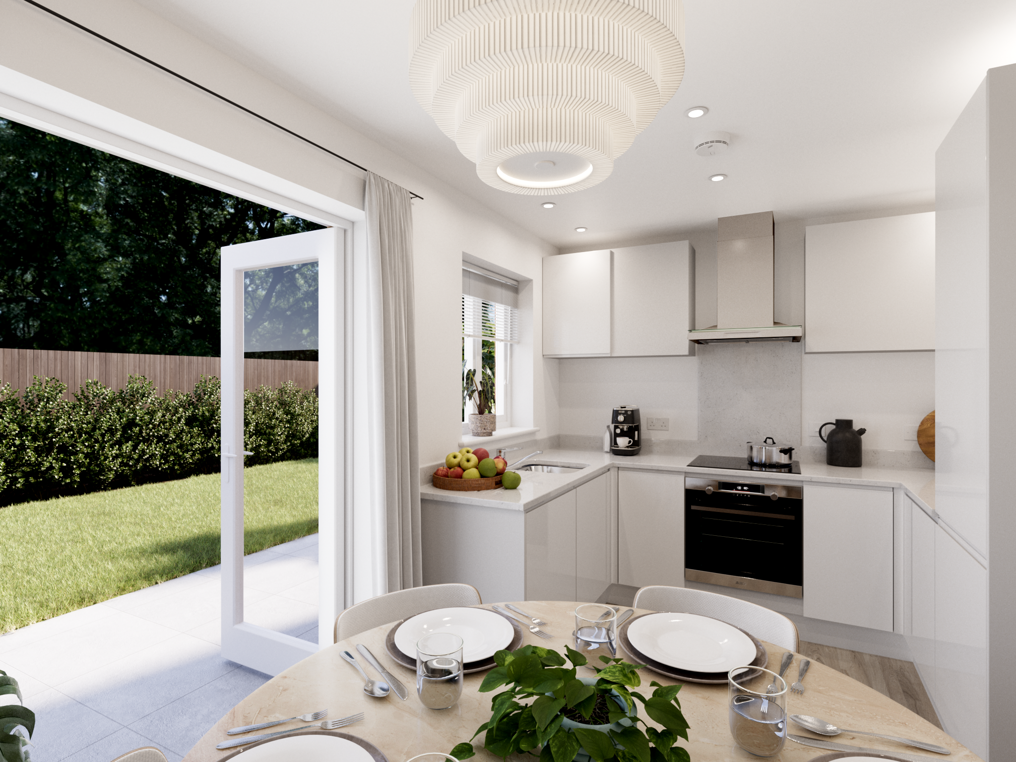 A CGI image of the kitchen and dining area