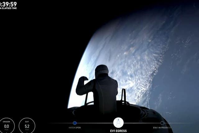 Earth ‘looks like a perfect world’, tech entrepreneur Jared Isaacman said on first private spacewalk (SpaceX/PA)