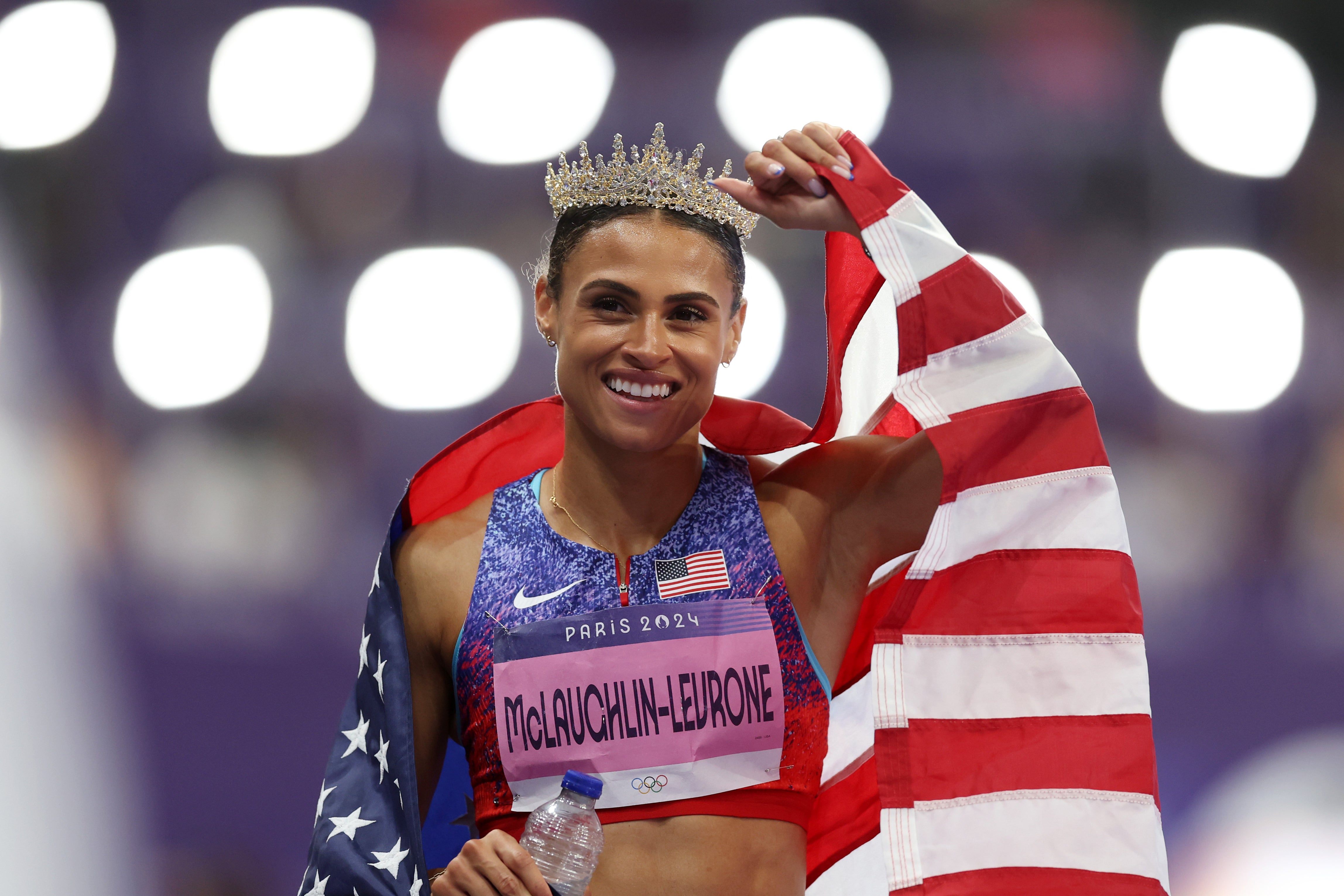 Sydney McLaughlin-Levrone of Team United States celebrates winning the gold medal