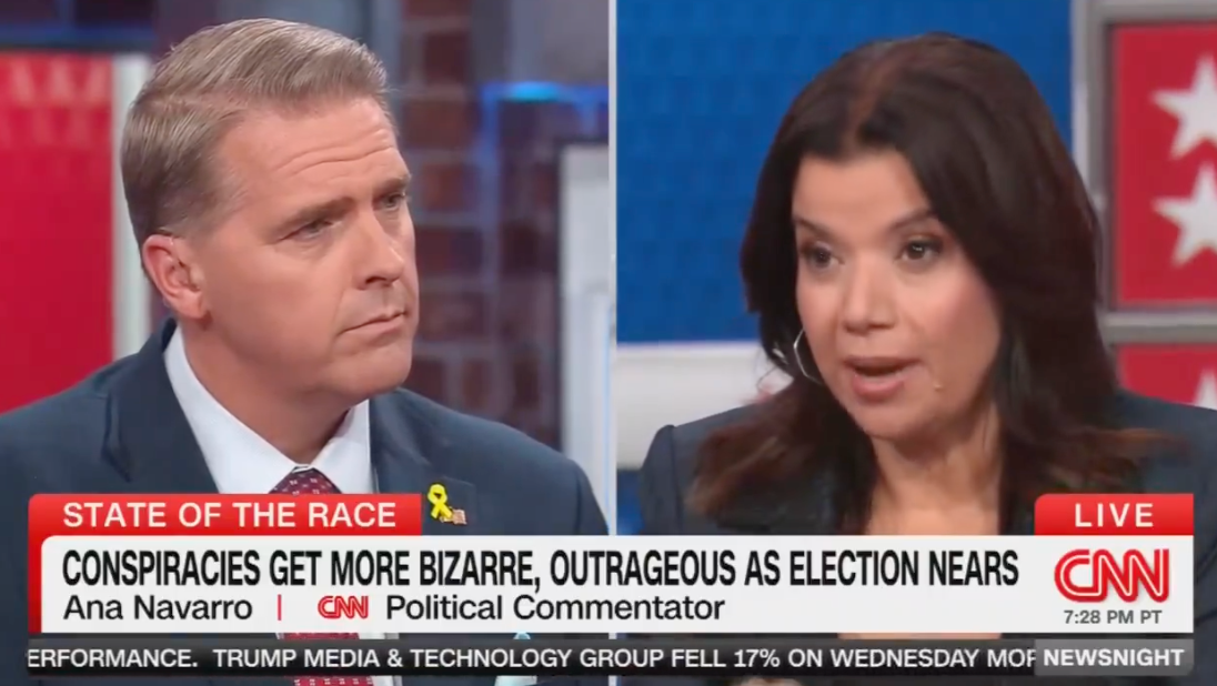 Scott Jennings and Ana Navarro speak during a CNN panel on Tuesday. Jennings did not give a straight answer when Navarro asked him about Donald Trump’s ‘racist’ conspiracy theory that Haitian migrants in Ohio are eating pets