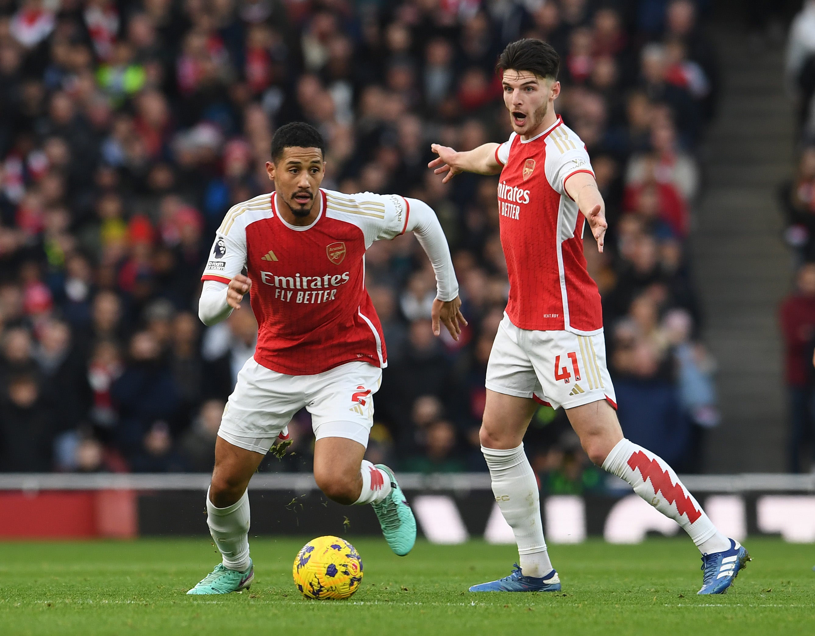 Arsenal players William Saliba and Declan Rice