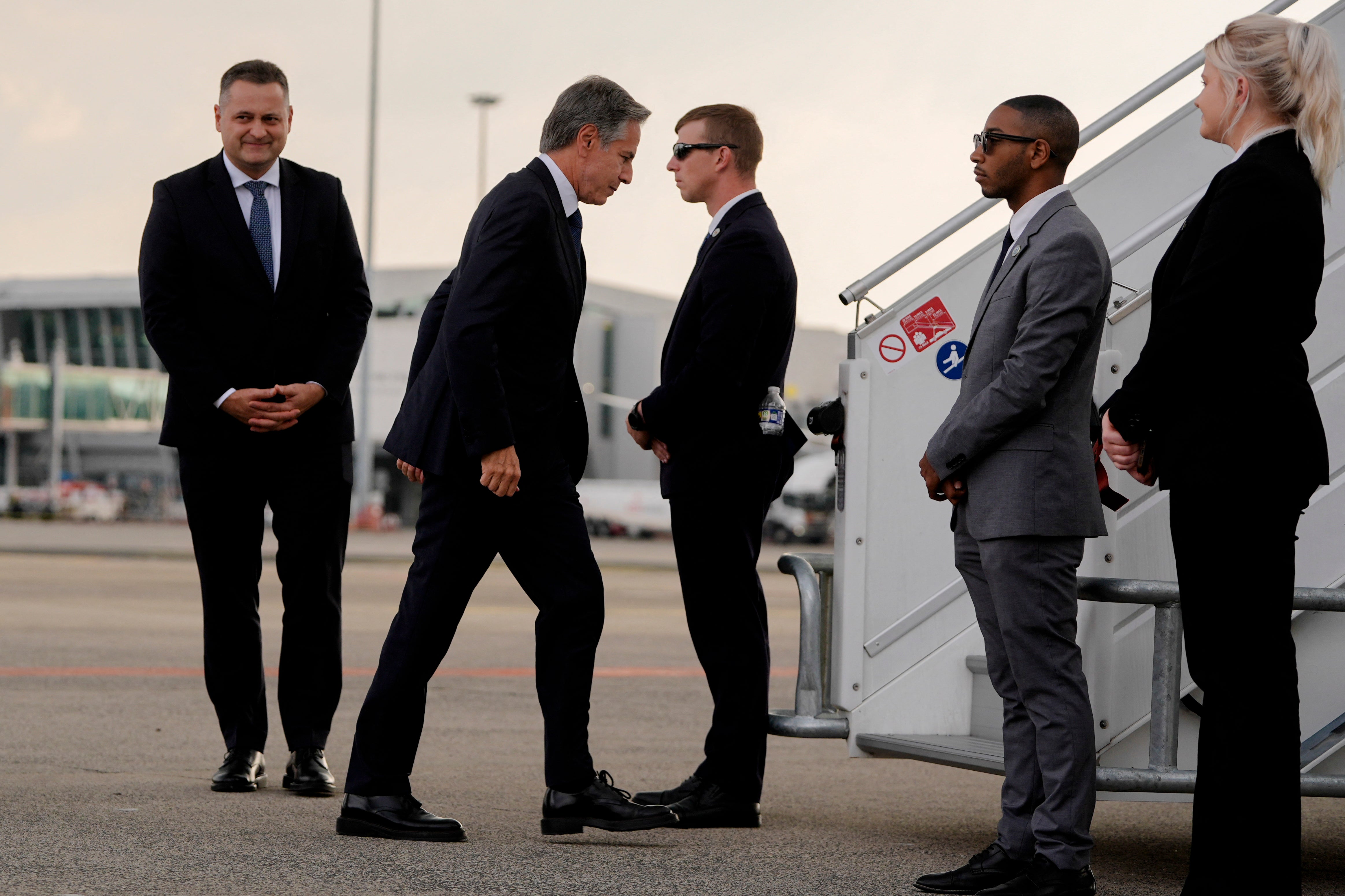 US Secretary of State Antony Blinken boards his plane at the Chopin Airport in Warsaw