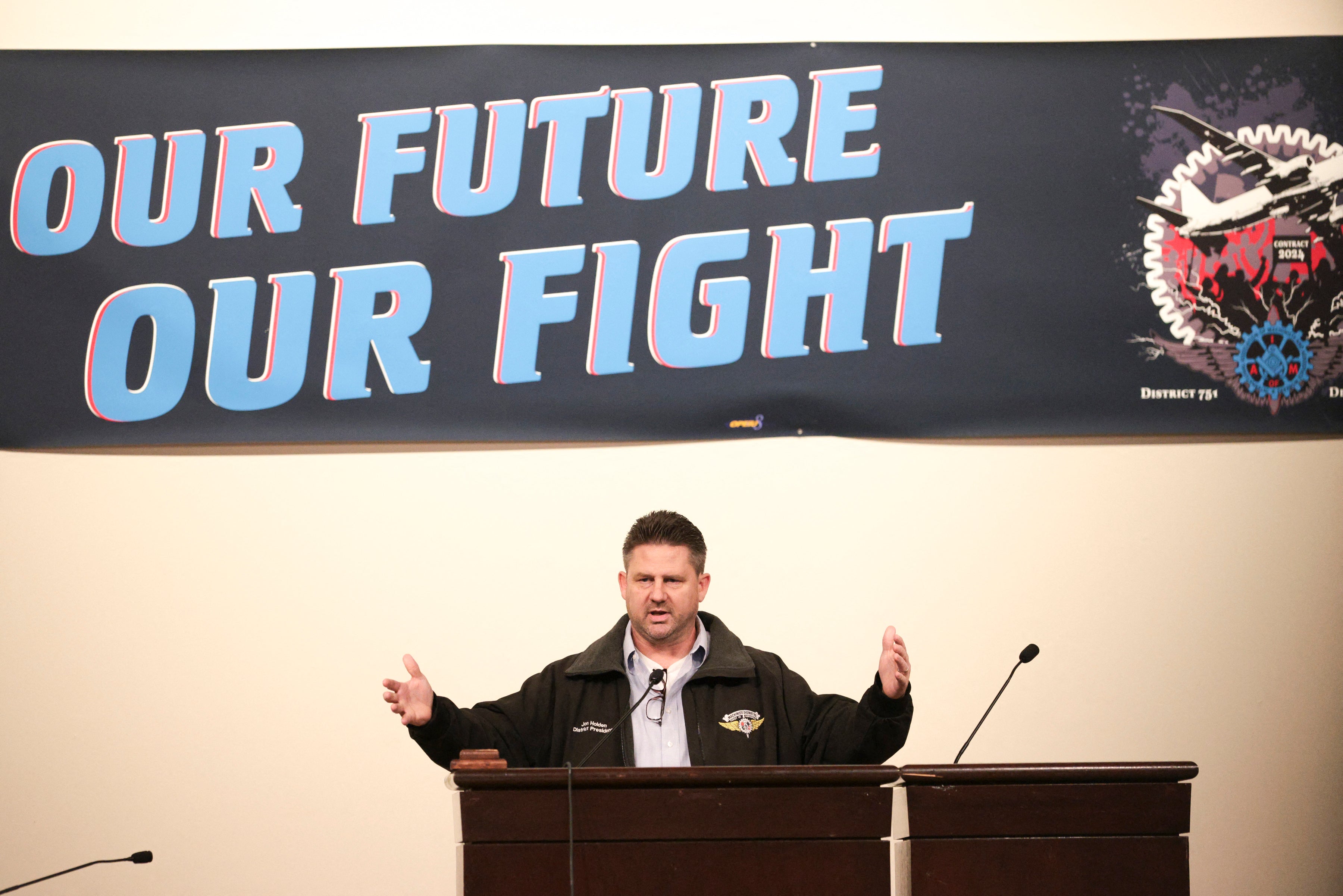 Aerospace Machinists District 751 president Jon Holden announces that union members have rejected a proposed Boeing contract and will go on strike, following voting results at their union hall in Seattle, Washington, on 12 September 2024