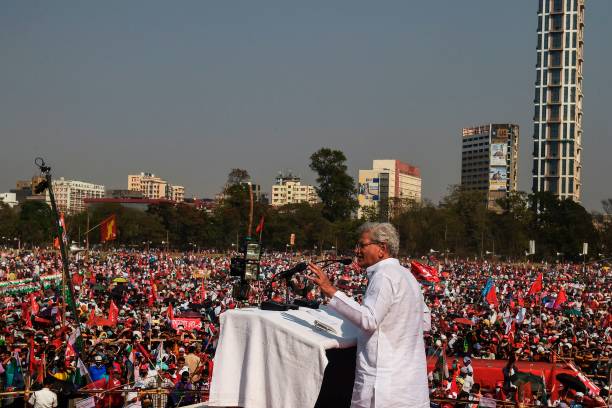 Sitaram Yechury addresses an election campaign rally in Kolkata city on 28 February 2021