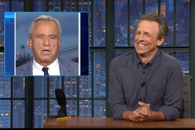 <p>Seth Meyers joked that Robert F Kennedy Jr might not be the best person to defend Donald Trump’s debate meltdown over eating pet dogs and cats </p>