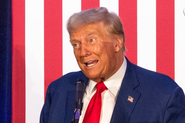 <p>Republican presidential nominee Donald Trump makes remarks at the Fraternal Order Of Police’s National Board Of Trustees meeting. on 6 September, 2024 in Charlotte, North Carolina</p>