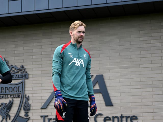 <p>Vitezslav Jaros and Caoimhin Kelleher of Liverpool during a training session</p>