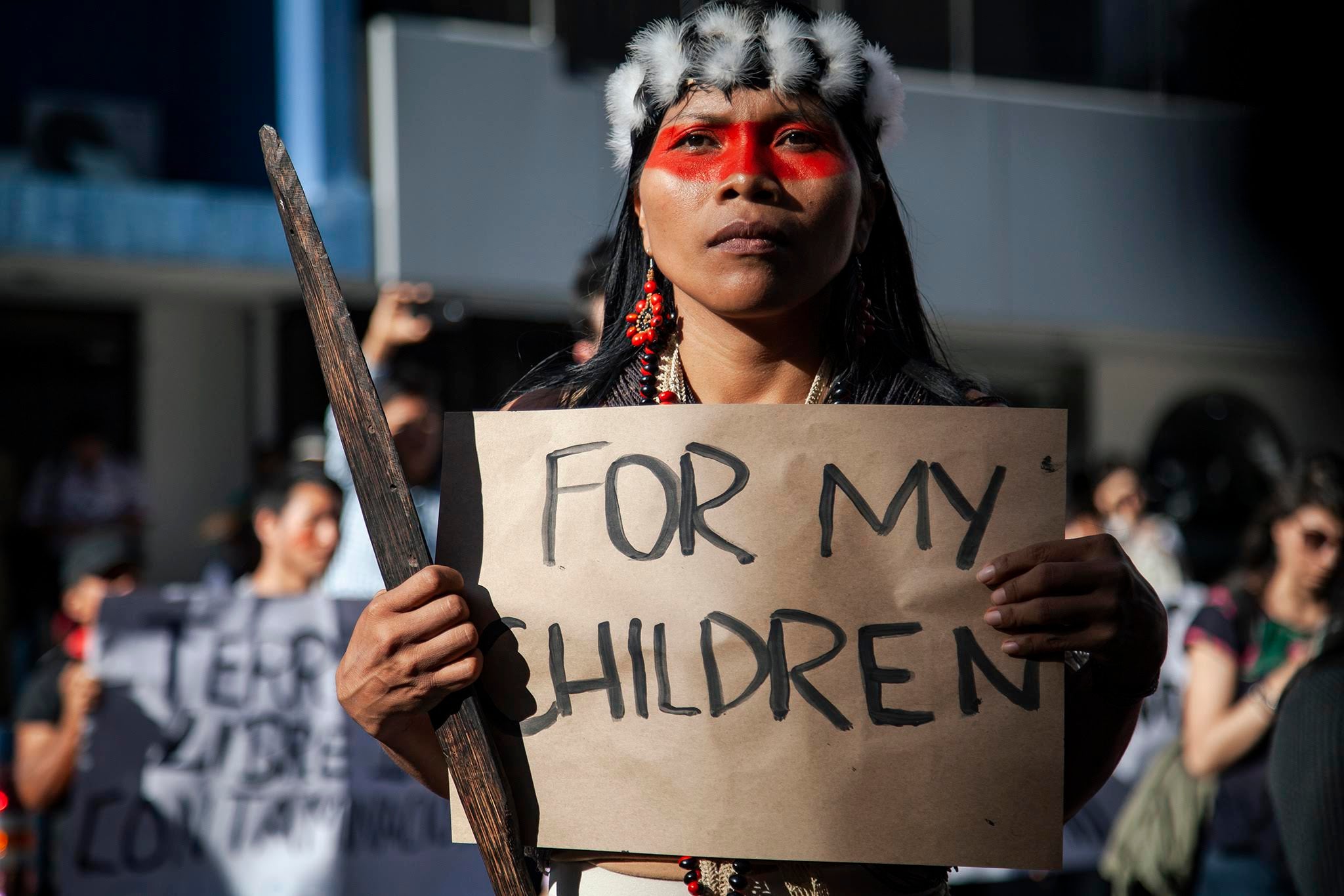 Nenquimo during a protest against oil drilling on ancestral lands in the Amazon
