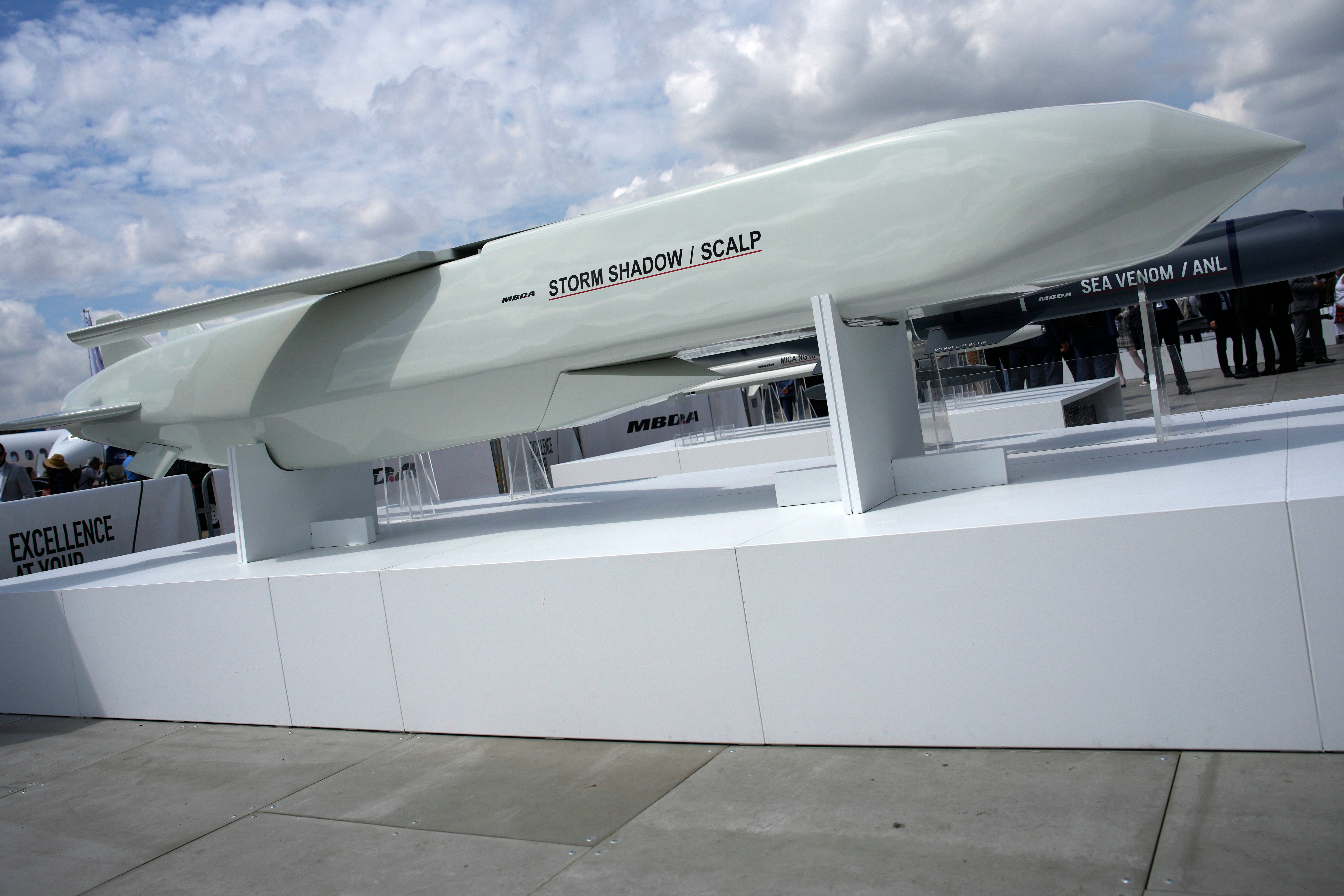 A Storm Shadow cruise missile is on display during the Paris Air Show