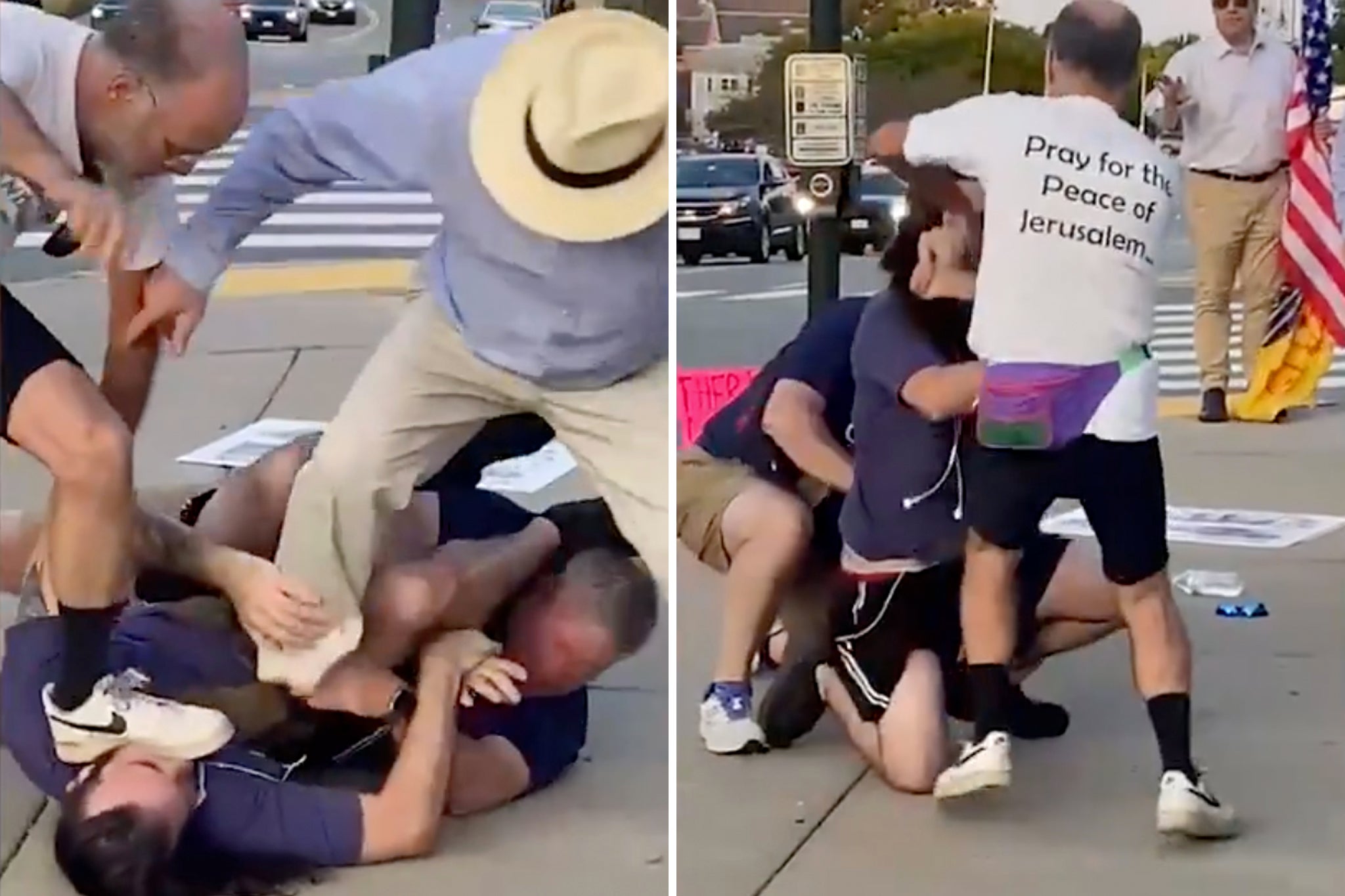 Footage shows the man sporting the pro-Palestine pin and the pro-Israel demonstrator wrestling on the ground