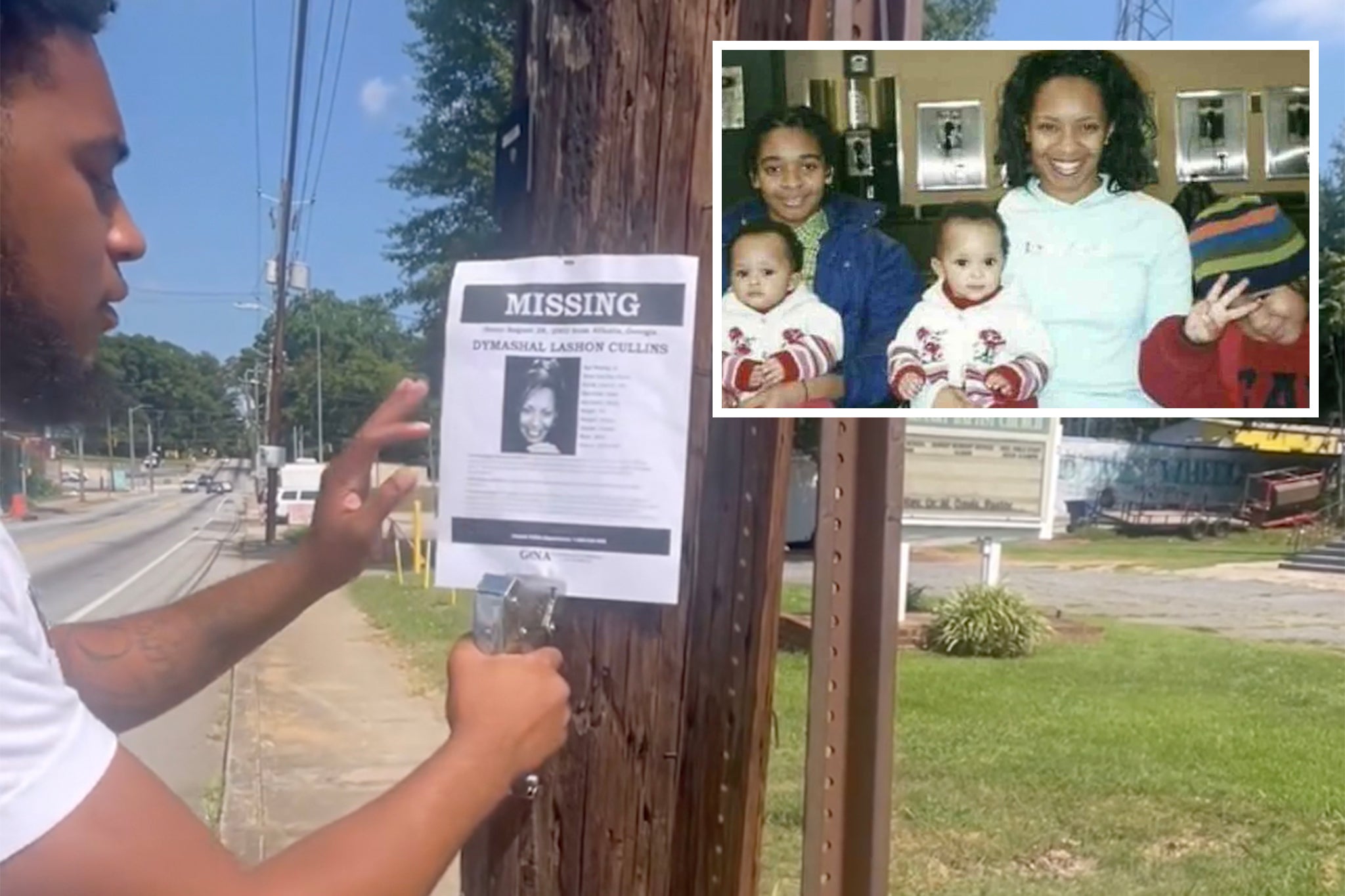 Kobe Jones hangs a missing poster for his mother Dymashal Cullins, mother of five who went missing in 2003, from the Atlanta area