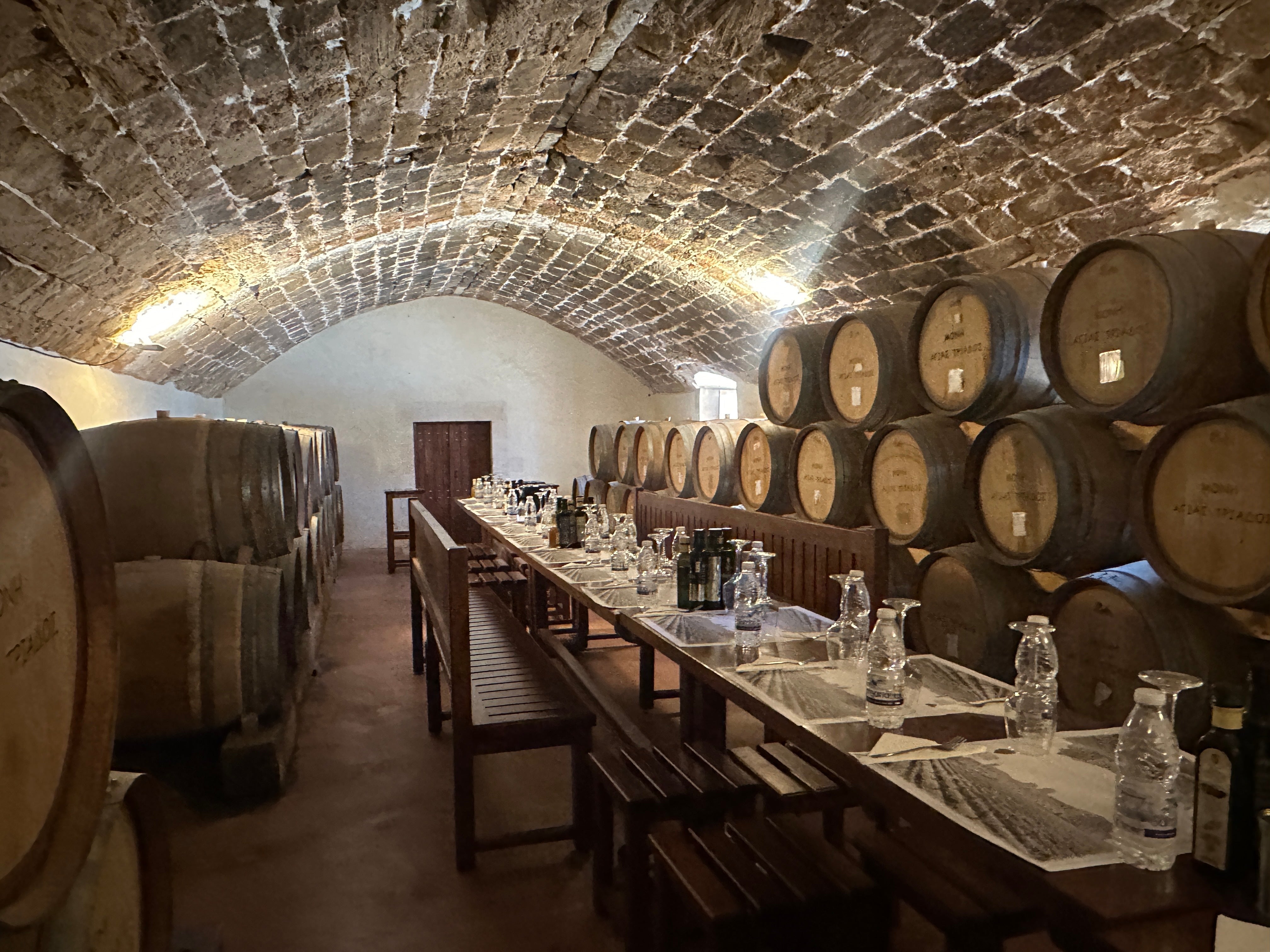 Wine barrels inside the Patriarchal Monastery of Agia Triada Tsagarolon in Crete