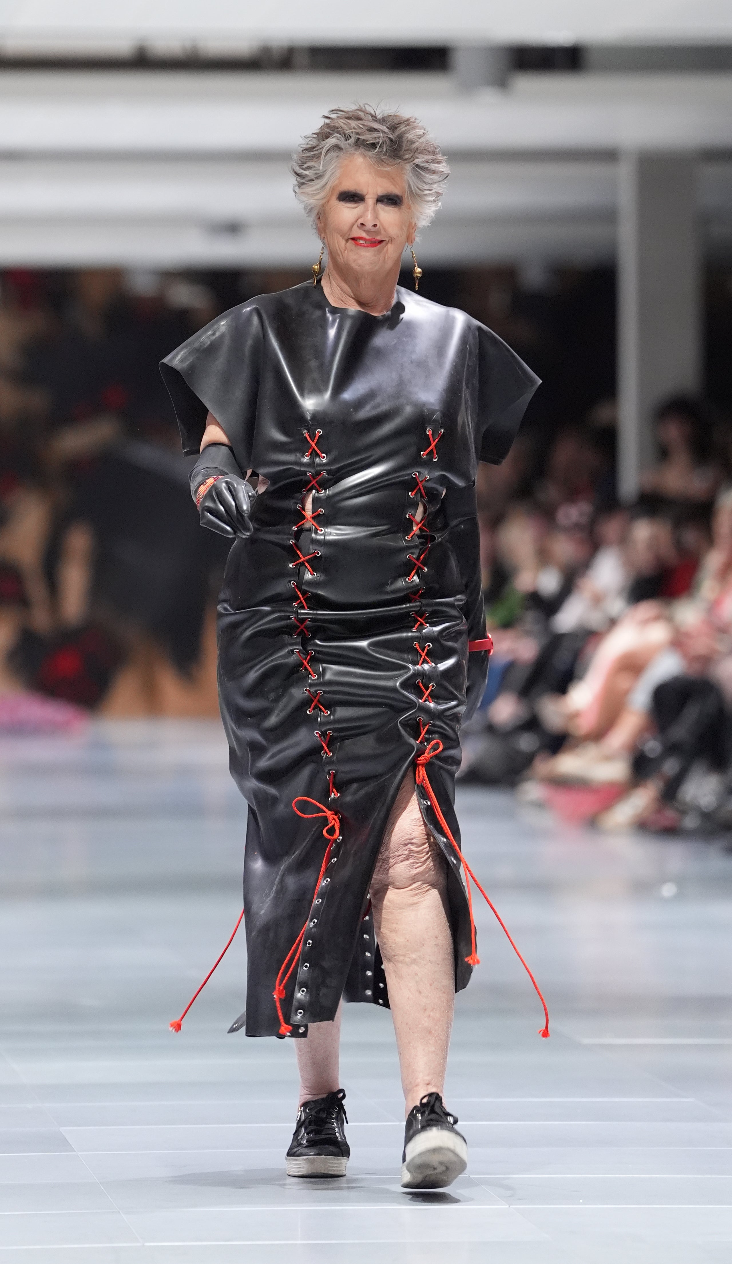 Dame Prue Leith stuns in skintight black latex on London Fashion