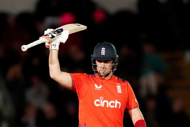 England’s Liam Livingstone celebrates hitting his half century during the second T20 International match at Sophia Gardens, Cardiff. Picture date: Friday September 13, 2024.