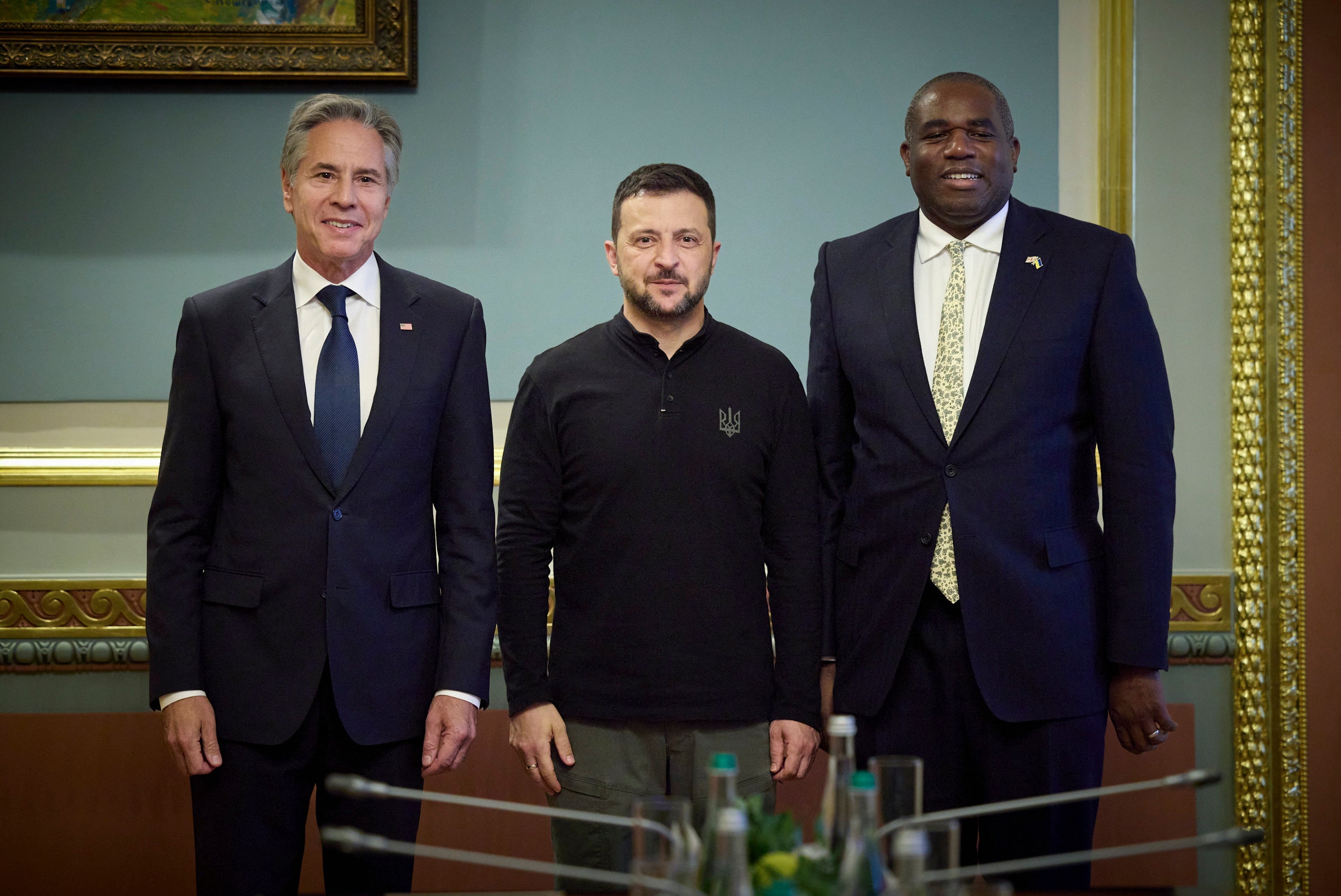 Volodymyr Zelensky, centre, with US secretary of state Antony Blinken, left, and British foreign secretary David Lammy, right, during a meeting in Kyiv on Friday