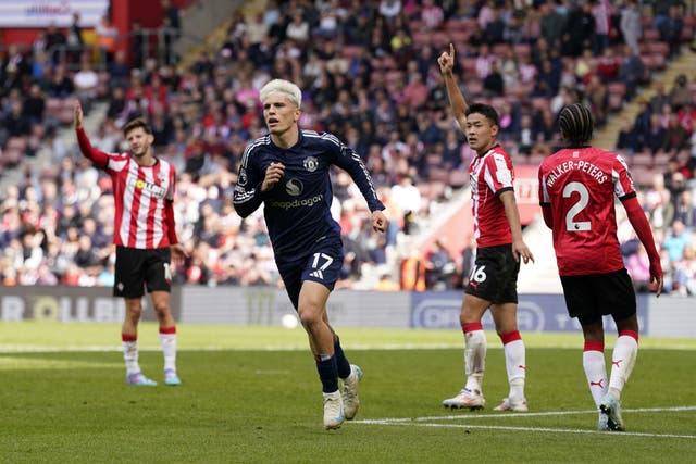 <p>Manchester United’s Alejandro Garnacho celebrates after scoring his side's third goal</p>