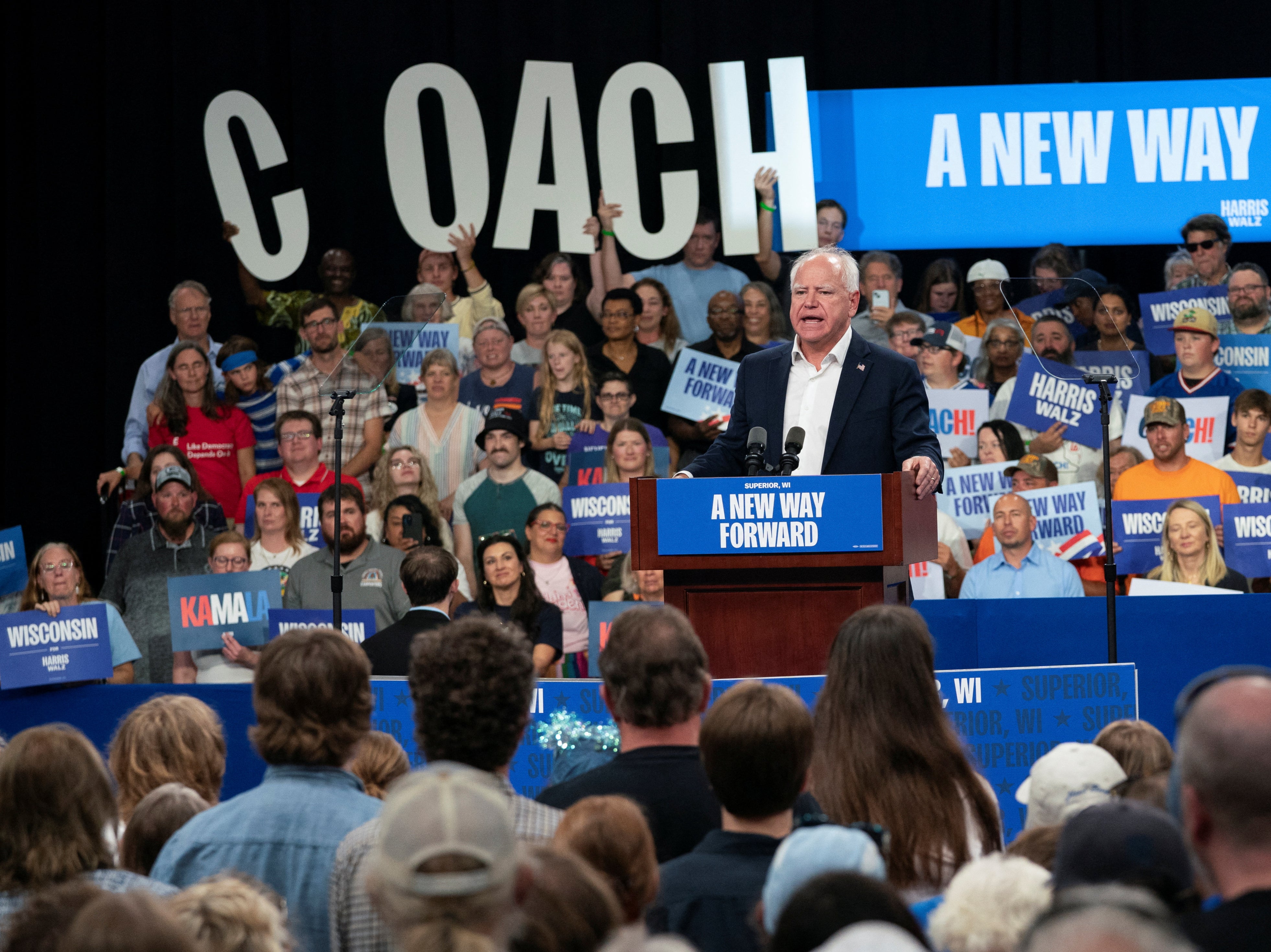 Democratic vice presidential nominee, Minnesota Governor Tim Walz, delivers remarks at an election campaign event in Superior, Wisconsin, on September 14, 2024