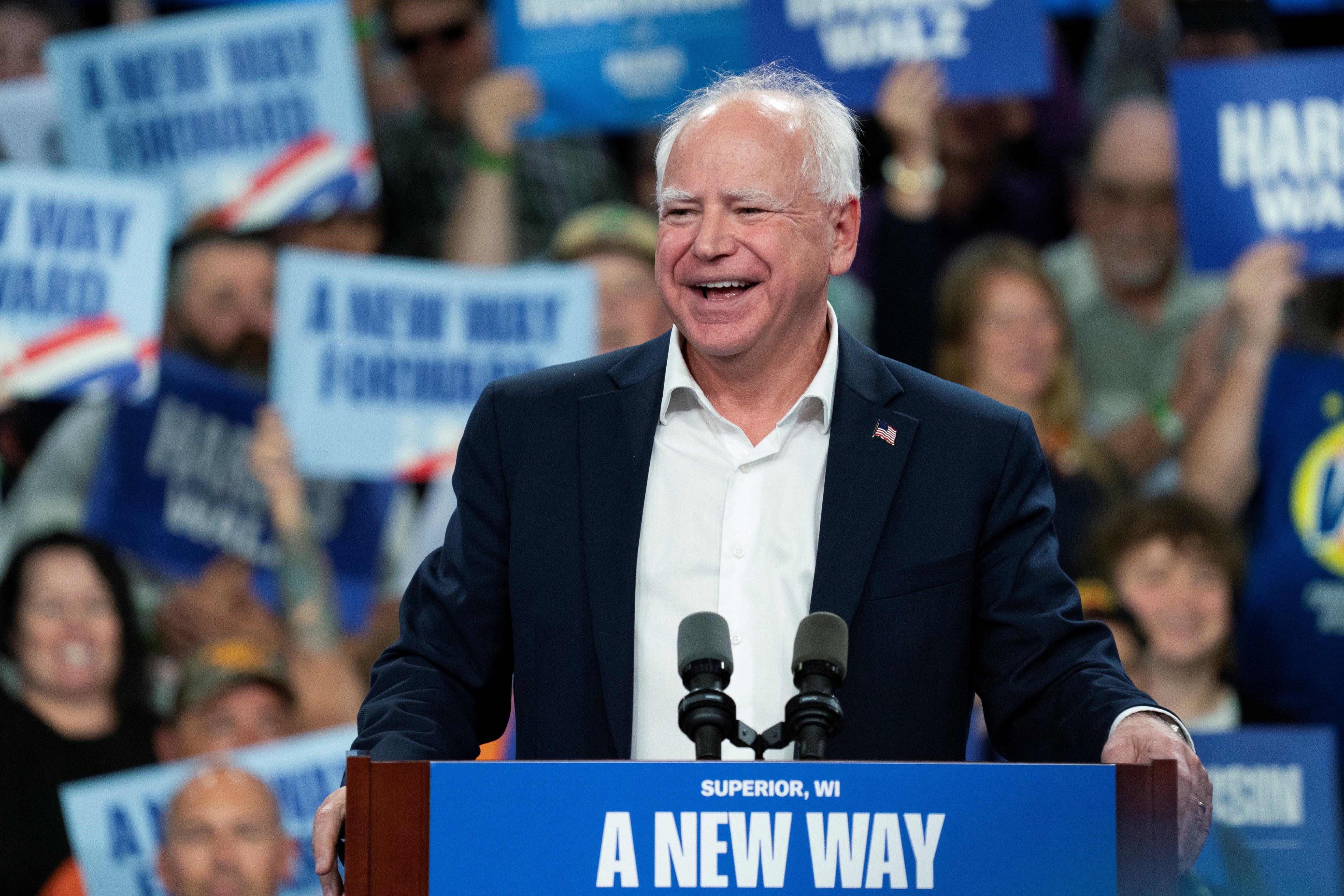 Tim Walz delivers remarks at an election campaign event in Superior, Wisconsin last week