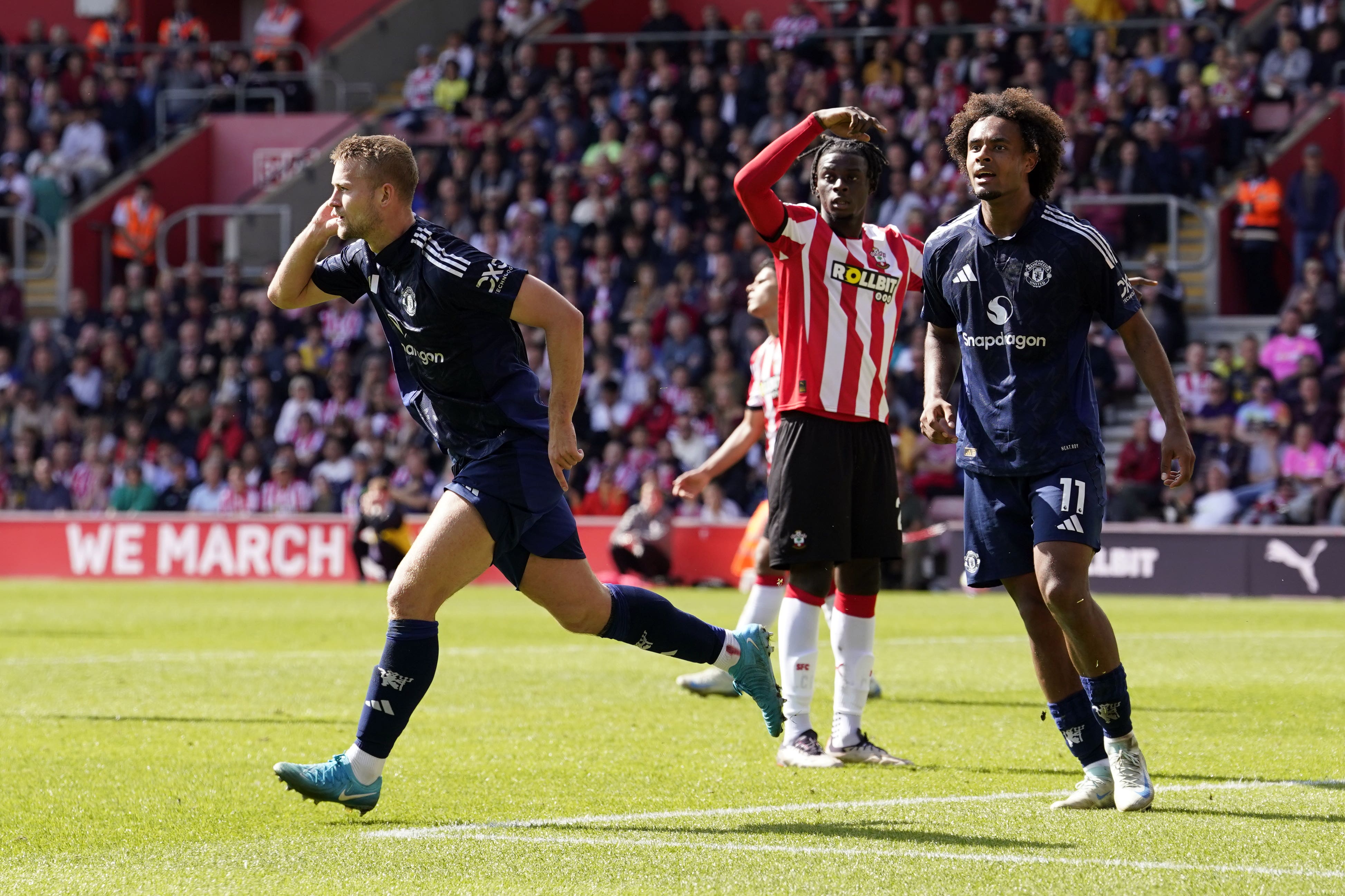 Matthijs de Ligt put Manchester United ahead at Southampton (Andrew Matthews/PA)