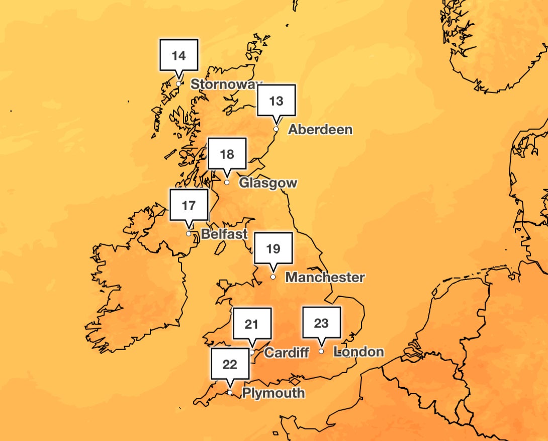 Thursday’s weather forecast shows highs rising across UK