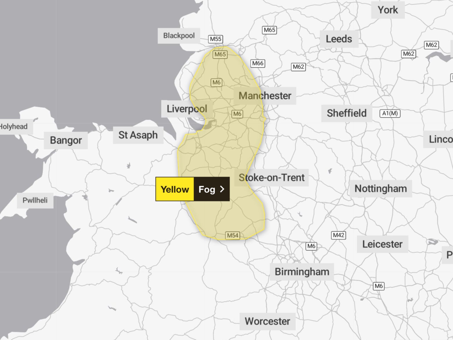 The Met Office issued a yellow weather warning for Manchester, Liverpool and Stoke-on-Trent