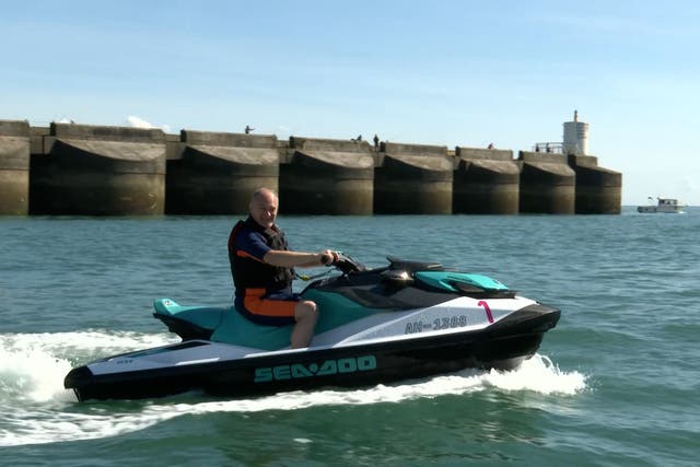 Party leader Ed Davey hopped on a jet ski as the Lib Dem conference opened in Brighton on Saturday (Jamie Lashmar/PA)