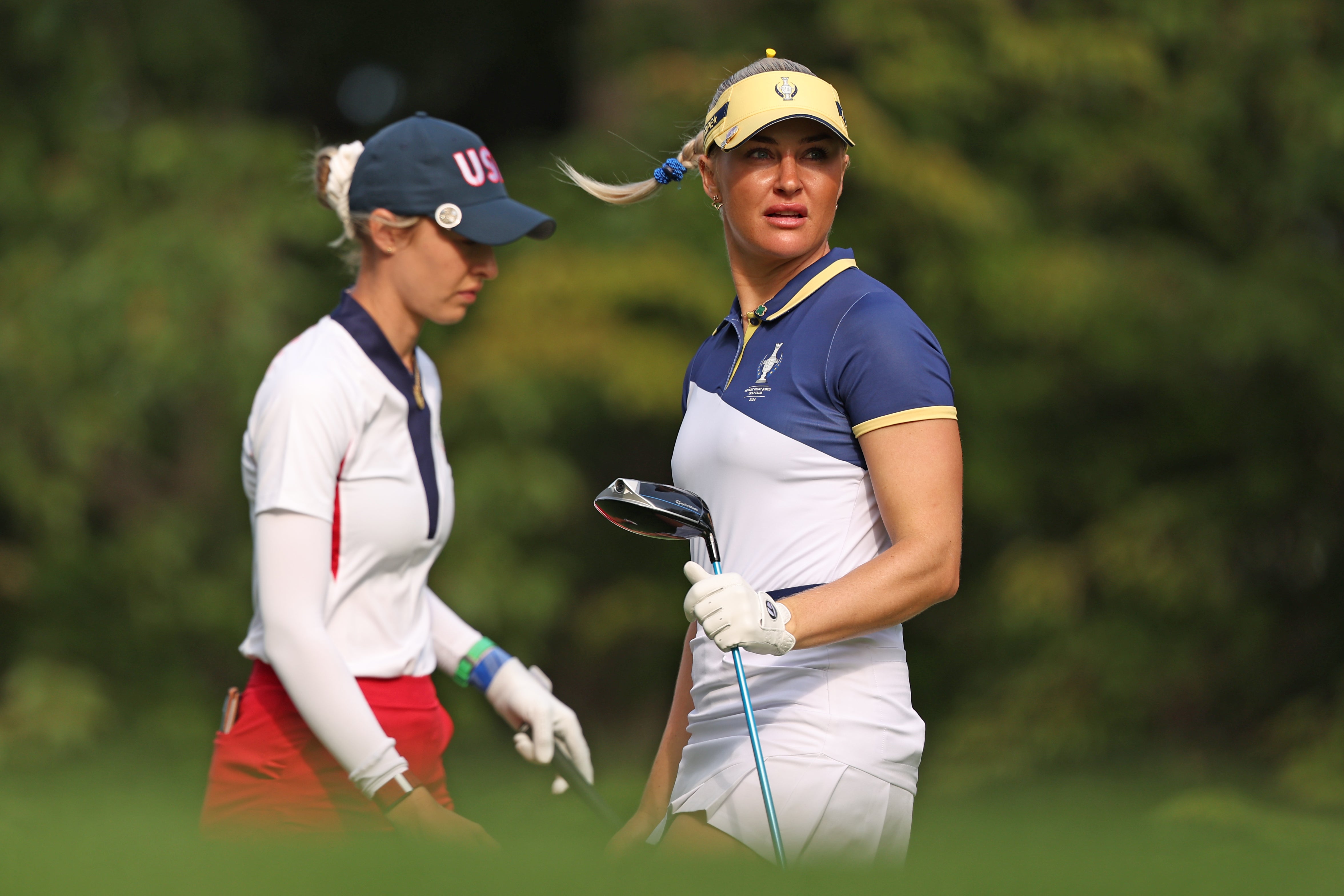 Charley Hull, right, thrashed USA’s world No 1 Nelly Korda to give Europe hope