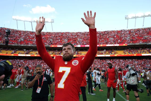 Kansas City Chiefs kicker Harrison Butker (7) walks off the field after kicking a 51-yard field goal (Ed Zurga/AP)