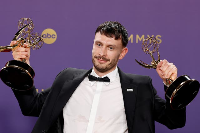 <p>Richard Gadd poses with his three Emmy Awards</p>