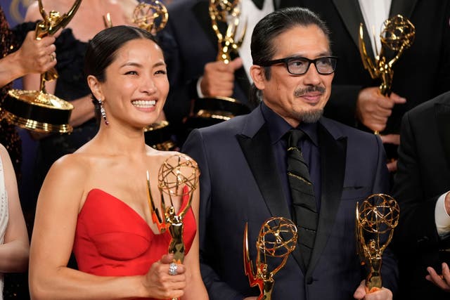 Anna Sawai, left, winner of the award for outstanding lead actress in a drama series for Shogun, and Hiroyuki Sanada, winner of the awards for outstanding lead actor in a drama series, and outstanding drama series for Shogun pose in the press room during the 76th Primetime Emmy Awards (Jae C Hong/AP)