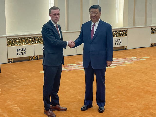 <p>US national security advisor Jake Sullivan with Chinese leader Xi Jinping in Beijing on 29 August 2024</p>