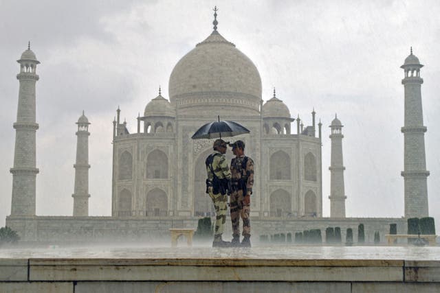 <p>Videos circulating online showed one of the Taj Mahal’s four gardens completely inundated with water</p>