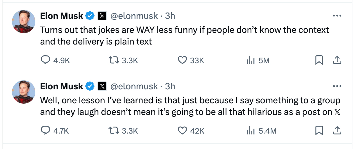 Musk did not apologize and instead claimed the post was ‘a joke’