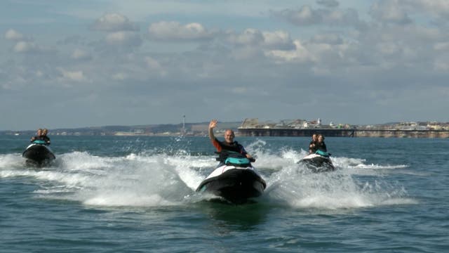 <p>Liberal Democrat leader Ed Davey jetskis into his party’s conference in Brighton on Saturday</p>