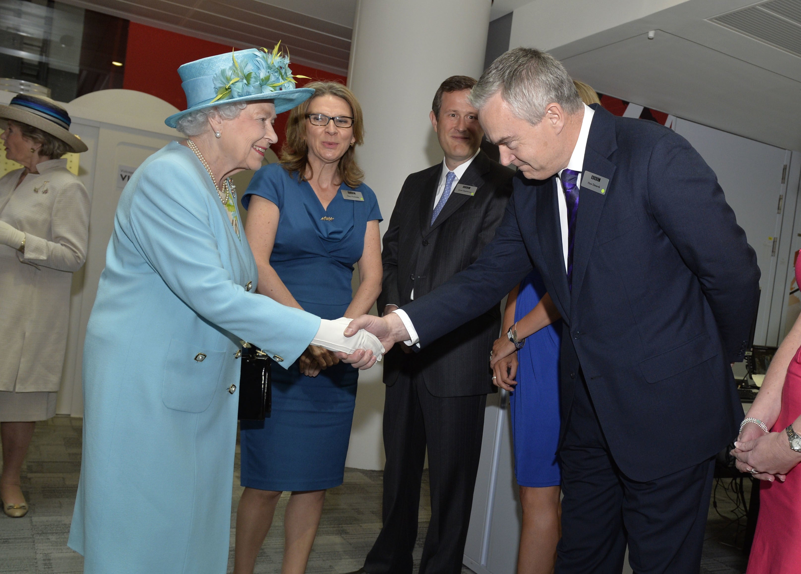 The late Queen Elizabeth II met Huw Edwards during a visit to officially open the BBC’s new £1 billion home in Portland Place, Central London.