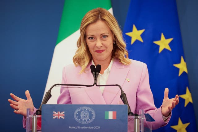 <p>Italian Prime Minister Giorgia Meloni during her joint press conference with Prime Minister Sir Keir Starmer at Villa Doria Pamphilj in Rome, Italy</p>