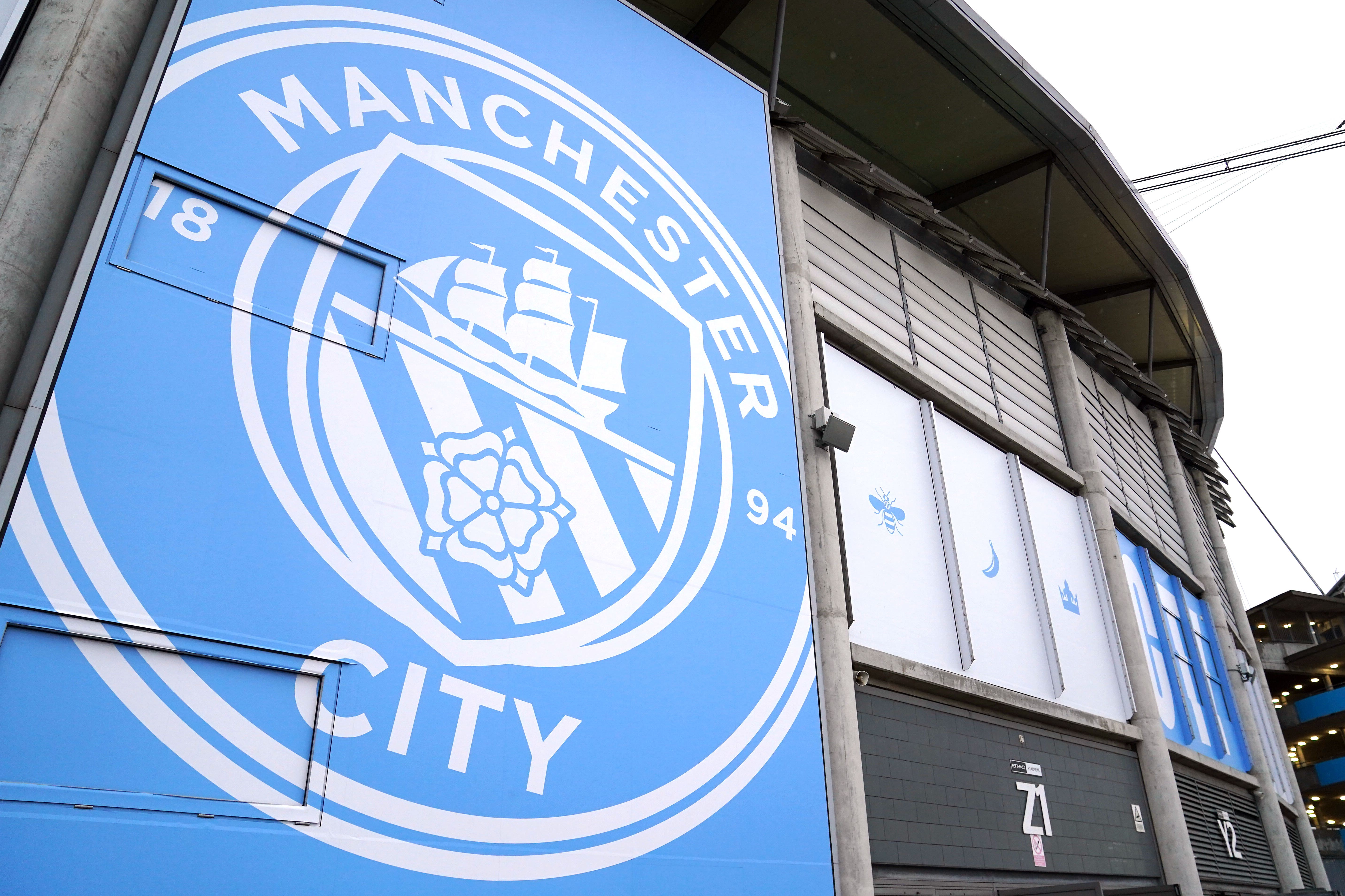 General view from outside the stadium of the Manchester City crest before the UEFA Champions League quarter final first leg match at Etihad Stadium, Manchester. Picture date: Tuesday April 11, 2023.