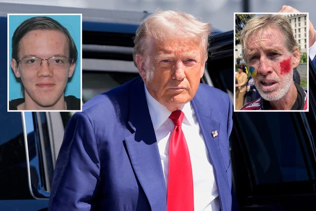 <p>Former president Donald Trump (center) has been the target of two alleged assassination attempts by two suspected shooters (left and right) in two months</p>